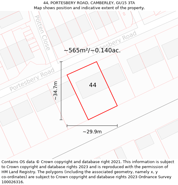 44, PORTESBERY ROAD, CAMBERLEY, GU15 3TA: Plot and title map