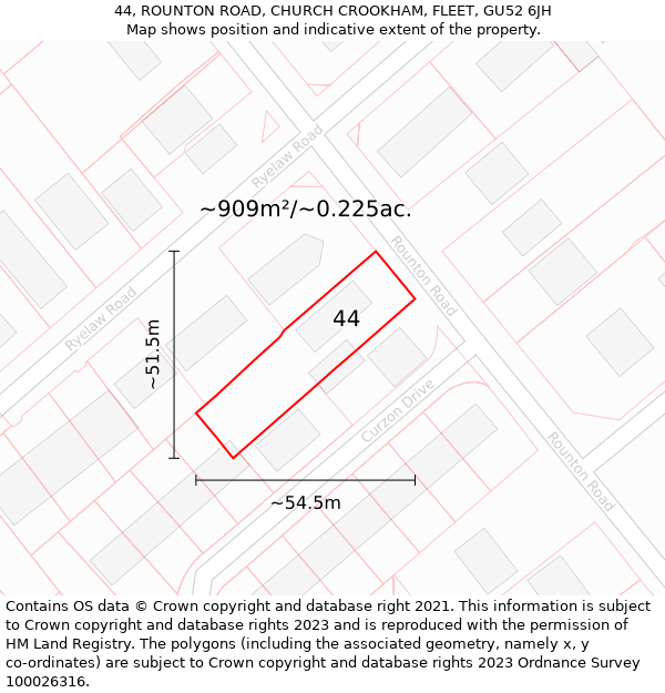 44, ROUNTON ROAD, CHURCH CROOKHAM, FLEET, GU52 6JH: Plot and title map