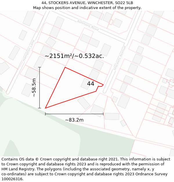 44, STOCKERS AVENUE, WINCHESTER, SO22 5LB: Plot and title map