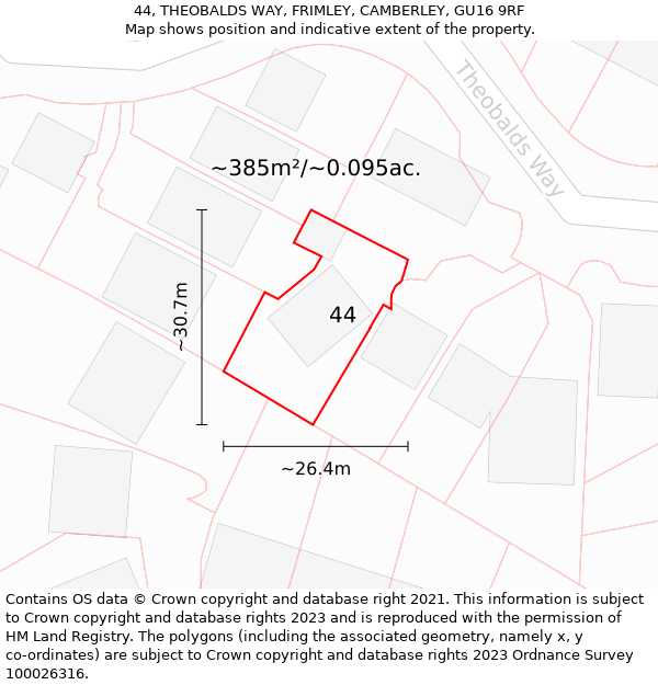 44, THEOBALDS WAY, FRIMLEY, CAMBERLEY, GU16 9RF: Plot and title map