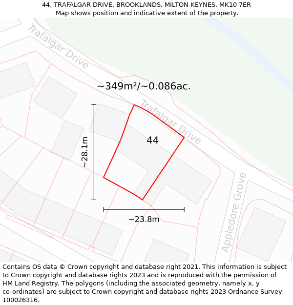 44, TRAFALGAR DRIVE, BROOKLANDS, MILTON KEYNES, MK10 7ER: Plot and title map