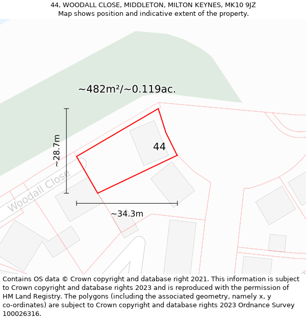 44, WOODALL CLOSE, MIDDLETON, MILTON KEYNES, MK10 9JZ: Plot and title map