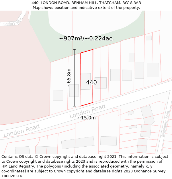 440, LONDON ROAD, BENHAM HILL, THATCHAM, RG18 3AB: Plot and title map