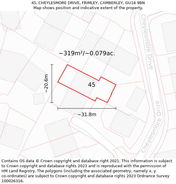 45, CHEYLESMORE DRIVE, FRIMLEY, CAMBERLEY, GU16 9BN: Plot and title map