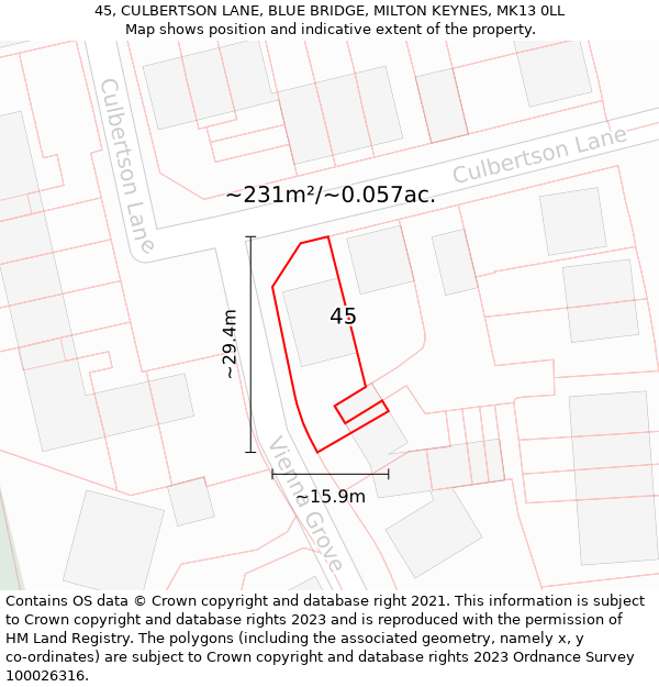 45, CULBERTSON LANE, BLUE BRIDGE, MILTON KEYNES, MK13 0LL: Plot and title map