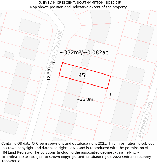 45, EVELYN CRESCENT, SOUTHAMPTON, SO15 5JF: Plot and title map