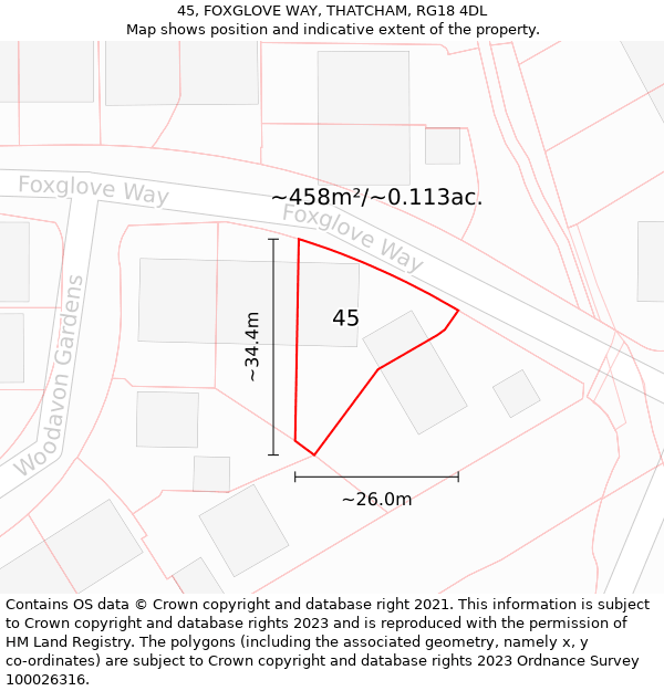 45, FOXGLOVE WAY, THATCHAM, RG18 4DL: Plot and title map
