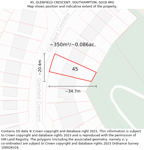 45, GLENFIELD CRESCENT, SOUTHAMPTON, SO18 4RG: Plot and title map