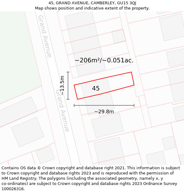 45, GRAND AVENUE, CAMBERLEY, GU15 3QJ: Plot and title map