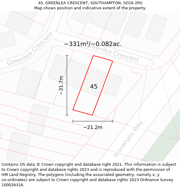 45, GREENLEA CRESCENT, SOUTHAMPTON, SO16 2PG: Plot and title map