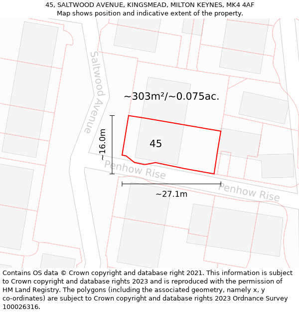 45, SALTWOOD AVENUE, KINGSMEAD, MILTON KEYNES, MK4 4AF: Plot and title map