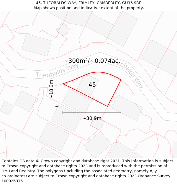 45, THEOBALDS WAY, FRIMLEY, CAMBERLEY, GU16 9RF: Plot and title map