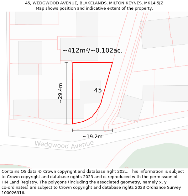 45, WEDGWOOD AVENUE, BLAKELANDS, MILTON KEYNES, MK14 5JZ: Plot and title map