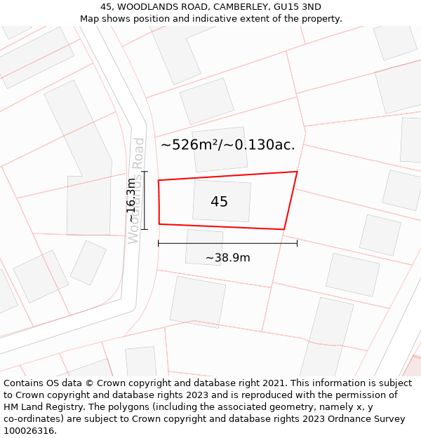 45, WOODLANDS ROAD, CAMBERLEY, GU15 3ND: Plot and title map