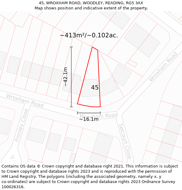 45, WROXHAM ROAD, WOODLEY, READING, RG5 3AX: Plot and title map