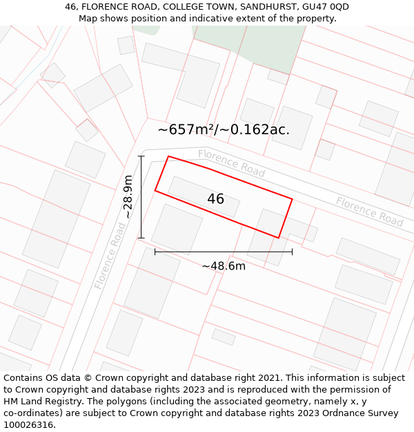 46, FLORENCE ROAD, COLLEGE TOWN, SANDHURST, GU47 0QD: Plot and title map