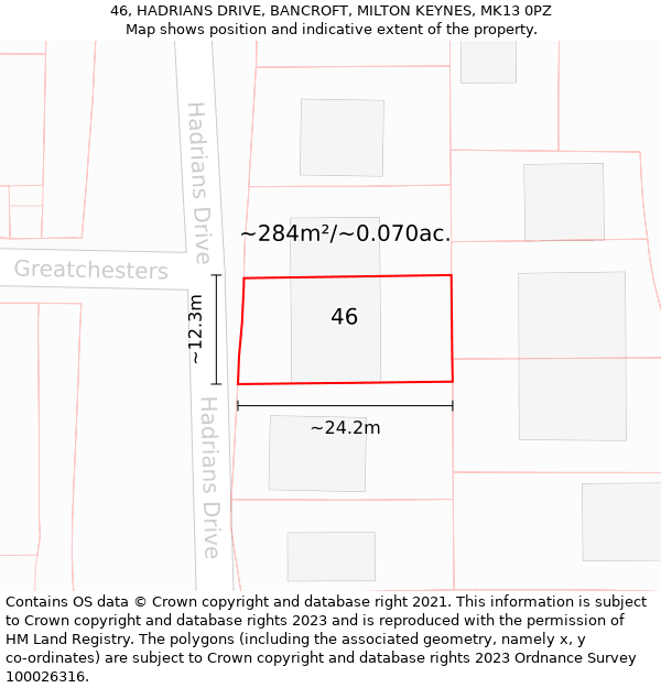 46, HADRIANS DRIVE, BANCROFT, MILTON KEYNES, MK13 0PZ: Plot and title map