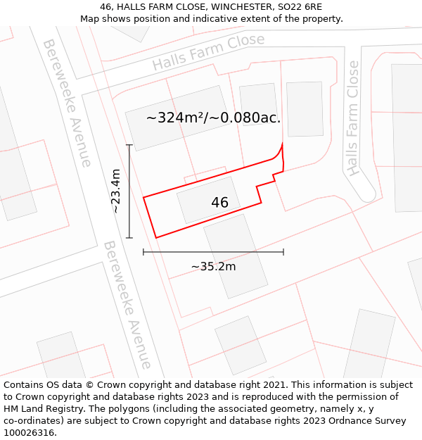 46, HALLS FARM CLOSE, WINCHESTER, SO22 6RE: Plot and title map