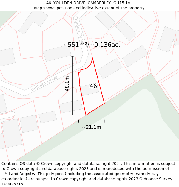 46, YOULDEN DRIVE, CAMBERLEY, GU15 1AL: Plot and title map