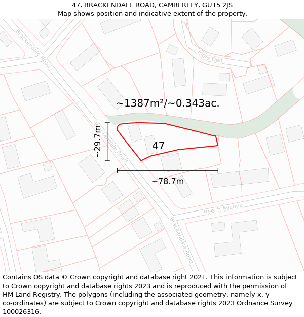 47, BRACKENDALE ROAD, CAMBERLEY, GU15 2JS: Plot and title map