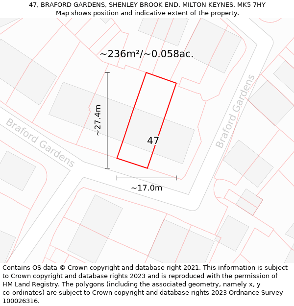 47, BRAFORD GARDENS, SHENLEY BROOK END, MILTON KEYNES, MK5 7HY: Plot and title map