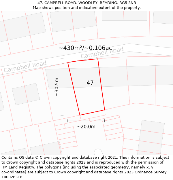 47, CAMPBELL ROAD, WOODLEY, READING, RG5 3NB: Plot and title map