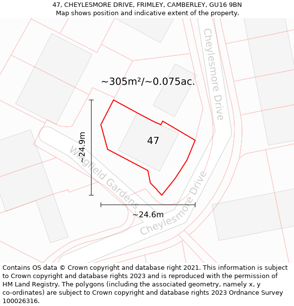 47, CHEYLESMORE DRIVE, FRIMLEY, CAMBERLEY, GU16 9BN: Plot and title map