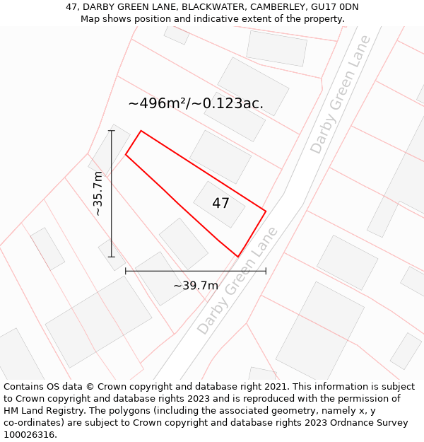 47, DARBY GREEN LANE, BLACKWATER, CAMBERLEY, GU17 0DN: Plot and title map