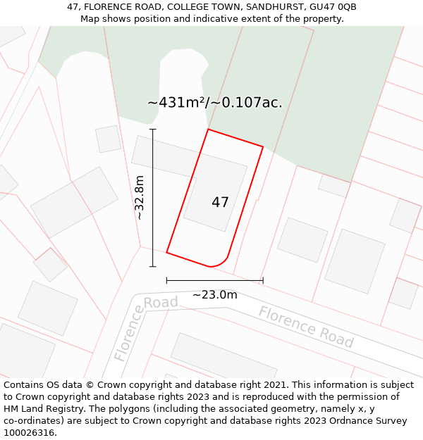 47, FLORENCE ROAD, COLLEGE TOWN, SANDHURST, GU47 0QB: Plot and title map