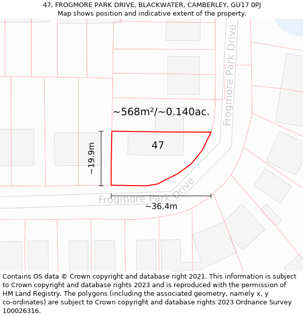 47, FROGMORE PARK DRIVE, BLACKWATER, CAMBERLEY, GU17 0PJ: Plot and title map