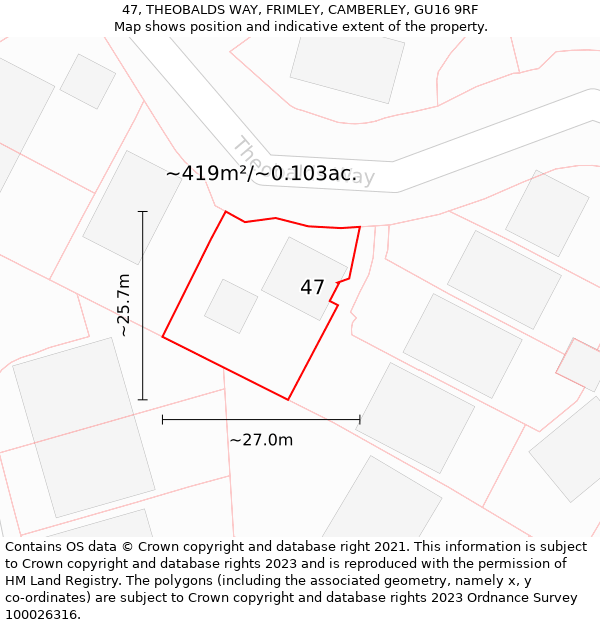 47, THEOBALDS WAY, FRIMLEY, CAMBERLEY, GU16 9RF: Plot and title map