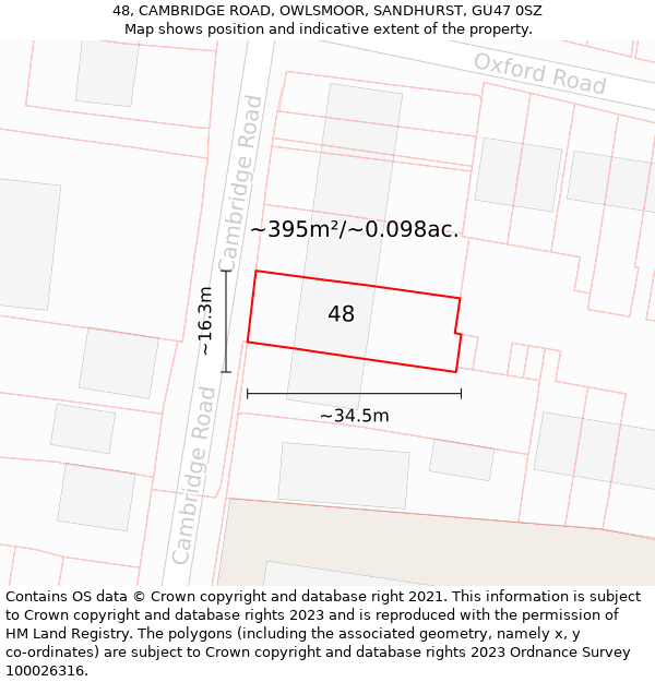 48, CAMBRIDGE ROAD, OWLSMOOR, SANDHURST, GU47 0SZ: Plot and title map