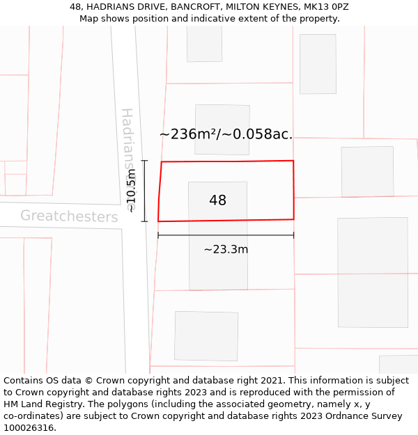 48, HADRIANS DRIVE, BANCROFT, MILTON KEYNES, MK13 0PZ: Plot and title map