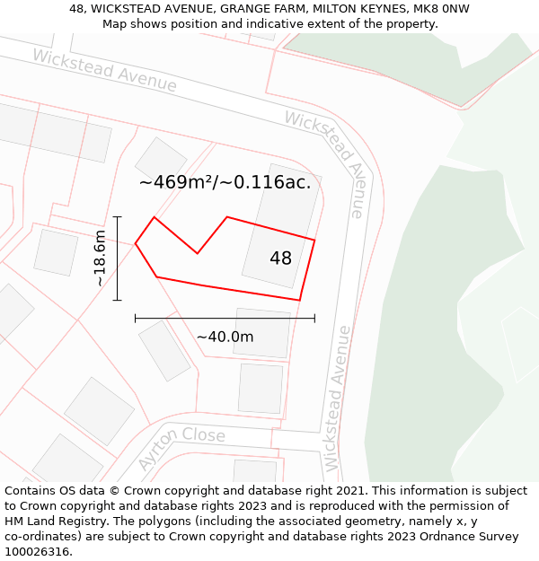 48, WICKSTEAD AVENUE, GRANGE FARM, MILTON KEYNES, MK8 0NW: Plot and title map