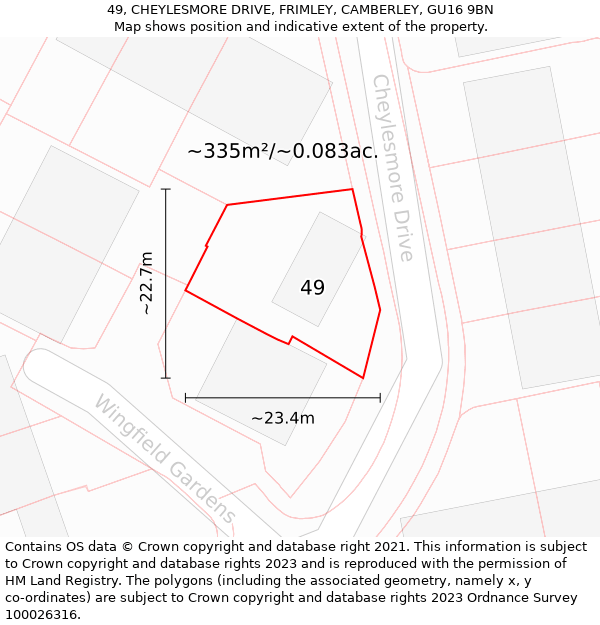 49, CHEYLESMORE DRIVE, FRIMLEY, CAMBERLEY, GU16 9BN: Plot and title map