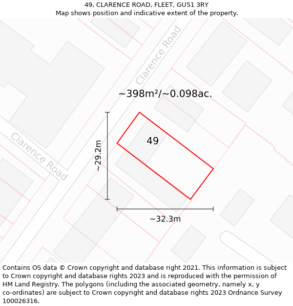 49, CLARENCE ROAD, FLEET, GU51 3RY: Plot and title map