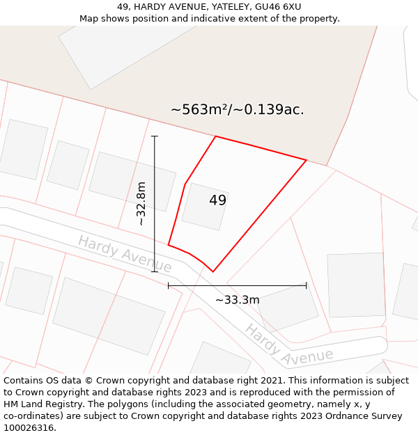 49, HARDY AVENUE, YATELEY, GU46 6XU: Plot and title map