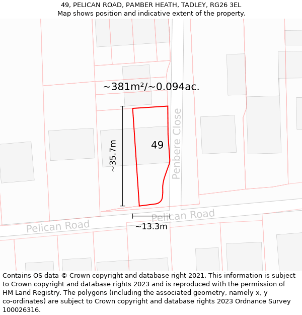 49, PELICAN ROAD, PAMBER HEATH, TADLEY, RG26 3EL: Plot and title map