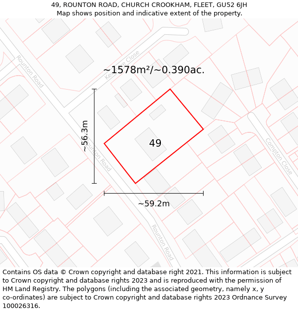 49, ROUNTON ROAD, CHURCH CROOKHAM, FLEET, GU52 6JH: Plot and title map