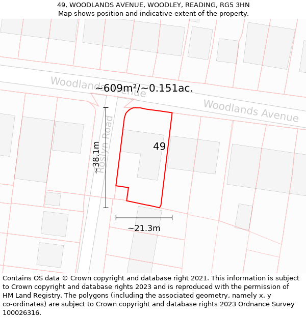 49, WOODLANDS AVENUE, WOODLEY, READING, RG5 3HN: Plot and title map