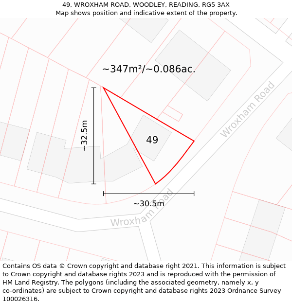 49, WROXHAM ROAD, WOODLEY, READING, RG5 3AX: Plot and title map