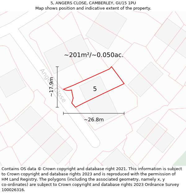 5, ANGERS CLOSE, CAMBERLEY, GU15 1PU: Plot and title map