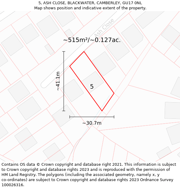 5, ASH CLOSE, BLACKWATER, CAMBERLEY, GU17 0NL: Plot and title map