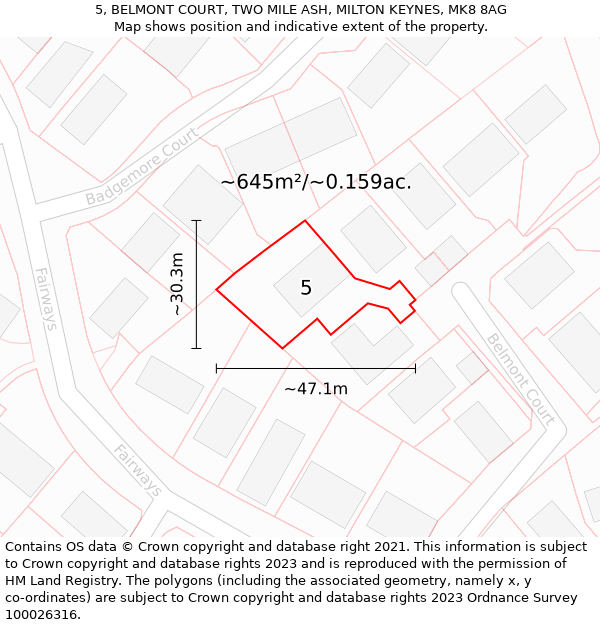 5, BELMONT COURT, TWO MILE ASH, MILTON KEYNES, MK8 8AG: Plot and title map