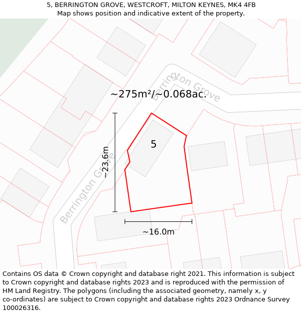 5, BERRINGTON GROVE, WESTCROFT, MILTON KEYNES, MK4 4FB: Plot and title map