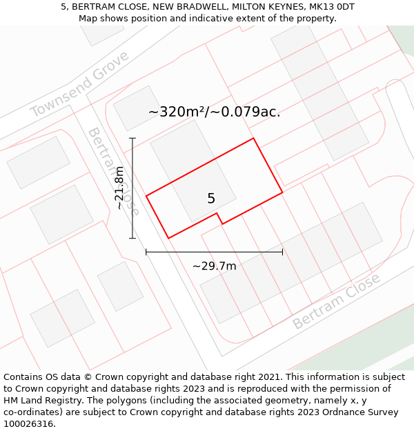 5, BERTRAM CLOSE, NEW BRADWELL, MILTON KEYNES, MK13 0DT: Plot and title map