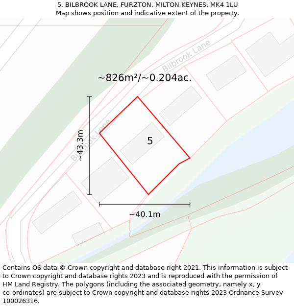 5, BILBROOK LANE, FURZTON, MILTON KEYNES, MK4 1LU: Plot and title map