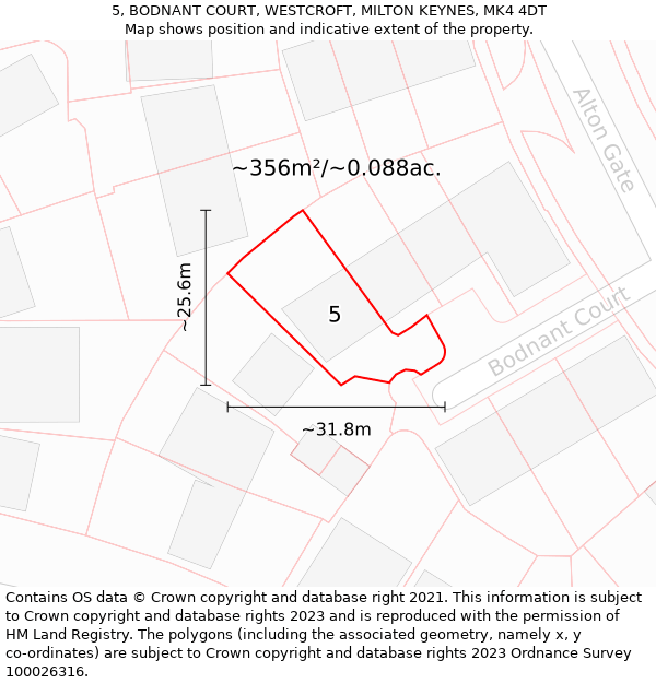 5, BODNANT COURT, WESTCROFT, MILTON KEYNES, MK4 4DT: Plot and title map