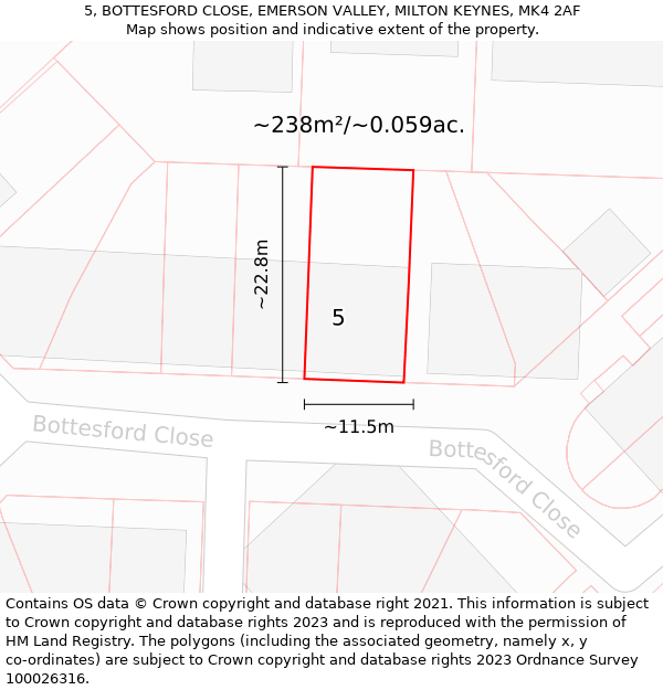 5, BOTTESFORD CLOSE, EMERSON VALLEY, MILTON KEYNES, MK4 2AF: Plot and title map