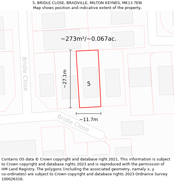 5, BRIDLE CLOSE, BRADVILLE, MILTON KEYNES, MK13 7EW: Plot and title map
